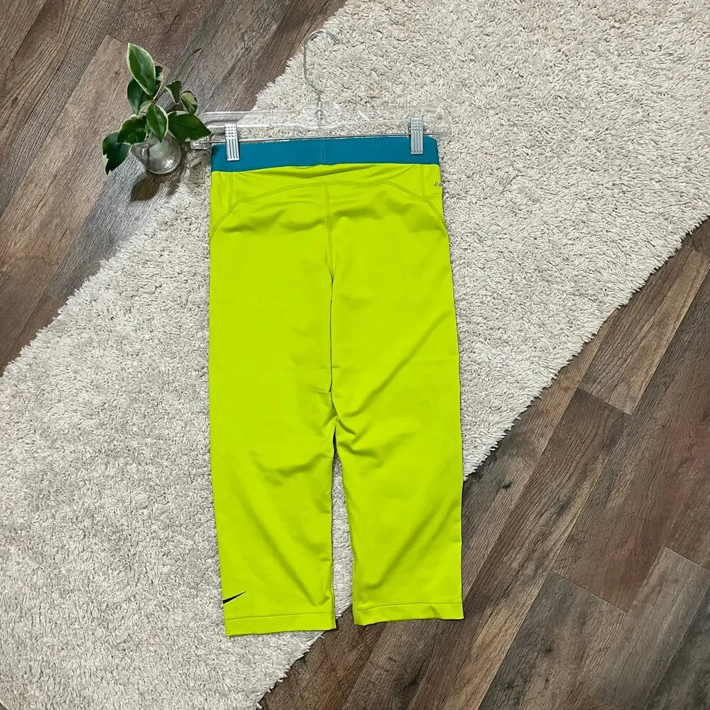 Nike Pro Size Medium Neon Yellow Green Teal Capri High Waisted Pull-On Leggings